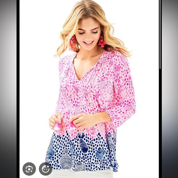 Lilly Pulitzer Tops - Lilly Pulitzer Marilina Raz Berry Blue and Hot Pink 3/4 Sleeve Blouse Sz M